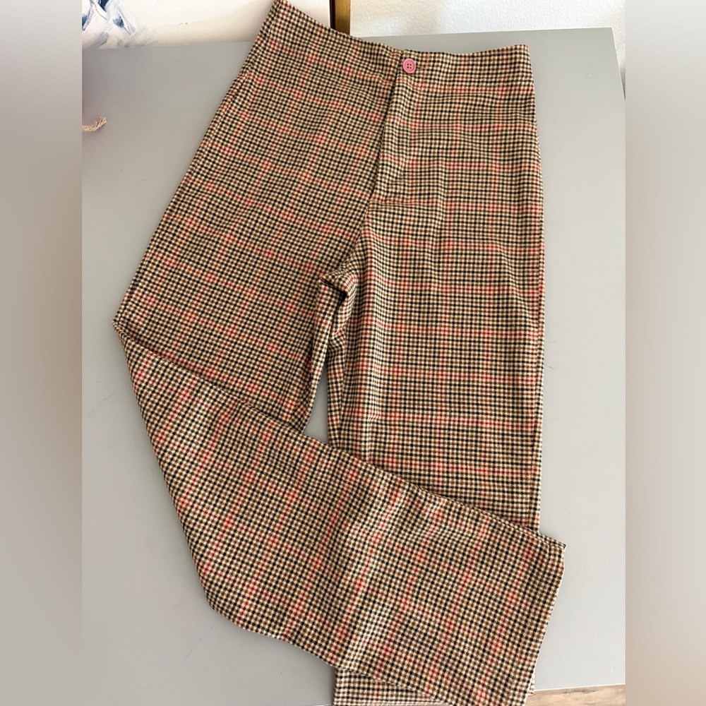 Vintage JOHN GALT Wide Plaid Tartan Dress Pants Trousers, High-Rise, Beige Tan,S